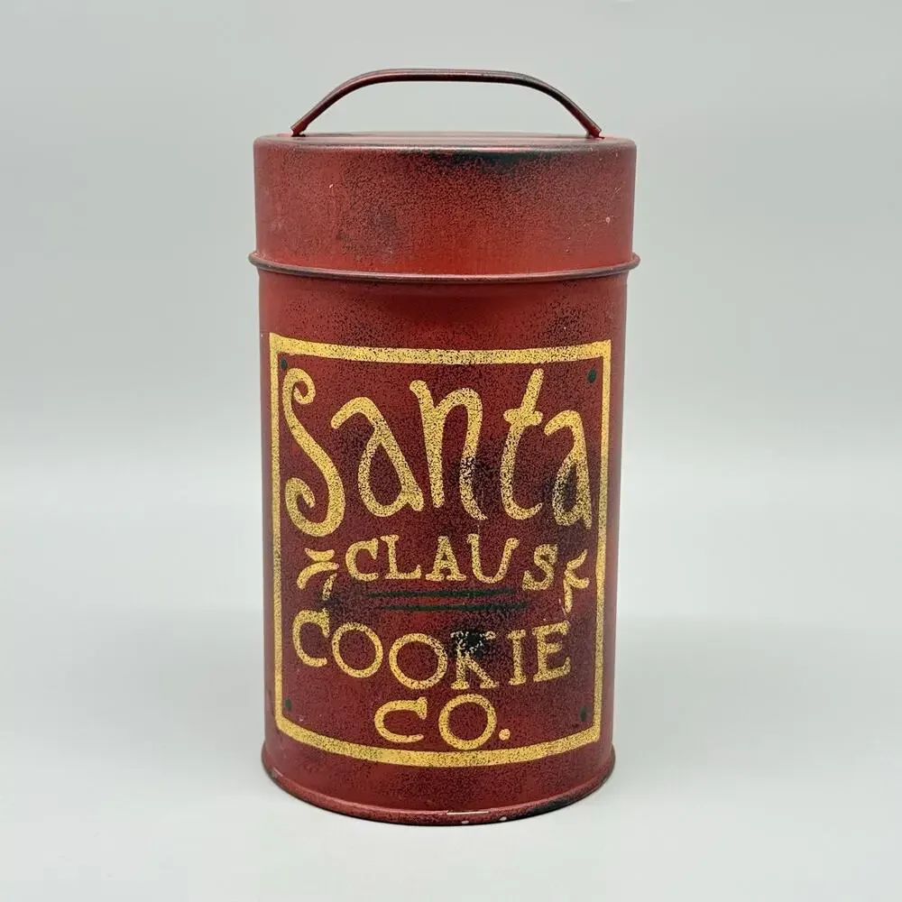 Santa Claus Cookie Company Rustic Tin Canister Holiday Seasonal Kitchen Decor 7”